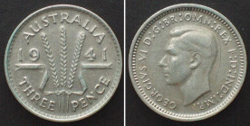 AUSTRALIA Threepence 1941 GEORGE VI silver XF, KM# 37.