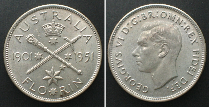AUSTRALIA Florin 1951, 50TH JUBILEE OF COMMONWEALTH, GEORGE VI, silver UNC-! KM#...