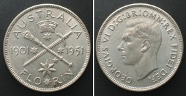 AUSTRALIA Florin 1951, 50TH JUBILEE OF COMMONWEALTH, GEORGE VI, silver UNC-!