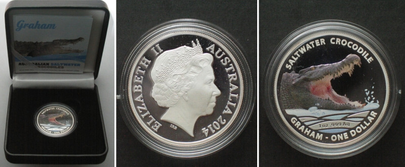 AUSTRALIAN SALTWATER CROCODILES - GRAHAM 1 Dollar 2014, 1oz silver, Proof. Liefe...