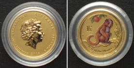 AUSTRALIA. 5 Dollars 2016, 1/20 oz gold, YEAR OF THE MONKEY,  BU Lunar II COLORED - RRR!