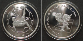 BRAZIL 5 Reais 2014, FIFA Soccer World Cup, silver Proof