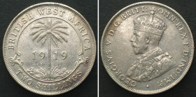 BRITISH WEST AFRICA. 2 Shillings 1919 H, GEORGE V, silver AU!