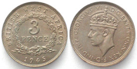 BRITISH WEST AFRICA 3 Pence 1945 H, GEORGE VI, Cu-Ni, UNC-!