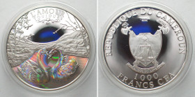 CAMEROON. 1000 Francs CFA 2011, couple of swans, L'AMOUR TOUJOURS, with hologram, silver, Proof