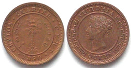CEYLON 1/4 Cent 1890 VICTORIA copper UNC! KM# 90.