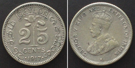 CEYLON 25 Cents 1917 GEORGE V silver XF, KEY DATE!