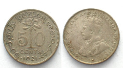 CEYLON 50 Cents 1921 GEORGE V silver VF
