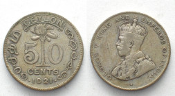 CEYLON 50 Cents 1921 GEORGE V silver VF