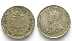 CEYLON 50 Cents 1924 GEORGE V silver VF-XF