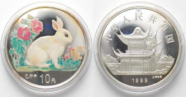 CHINA. 10 Yuan 1999, lunar, Year of the Rabbit, silver, colorized, Proof