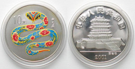 CHINA. 10 Yuan 2001, lunar, Year of the Snake, silver, colored, Proof