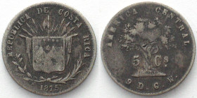 COSTA RICA 5 Centavos 1875 silver SCARCE! VF, KM# 110.