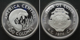 COSTA RICA. 100 Colones 1974 Manatee WWF silver Proof