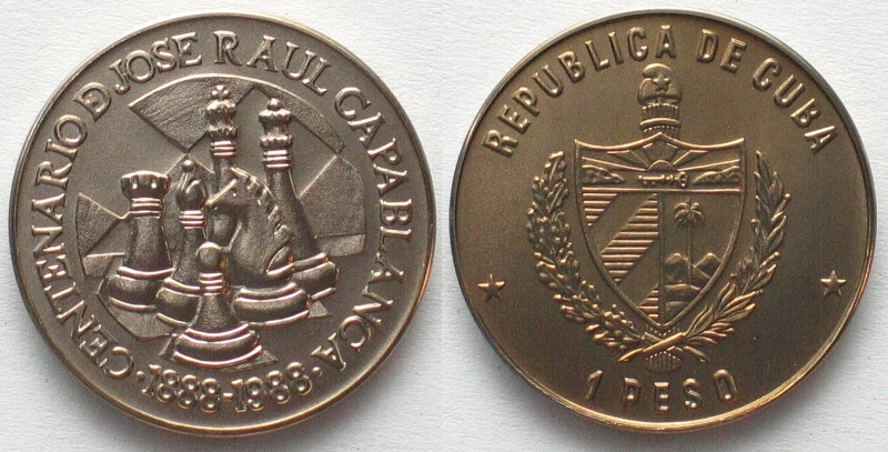 CUBA 1 Peso 1988 Chess JOSE RAUL CAPABLANCA Cu-Ni UNC, KM 200.