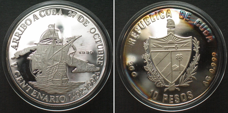 CUBA. 10 Pesos 1990 Ship & map COLUMBUS DISCOVERY silver Proof. Rainbow toning.