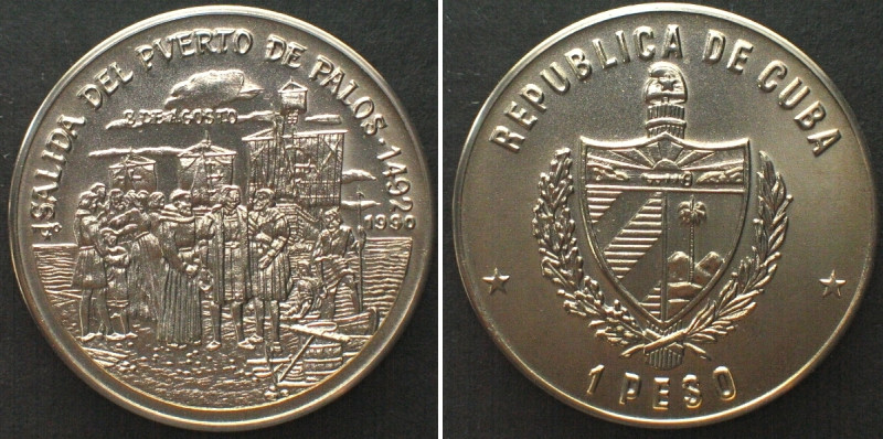 CUBA 1 Peso 1990 Columbus departing from Spain DISCOVERY OF AMERICA Cu-Ni UNC. K...