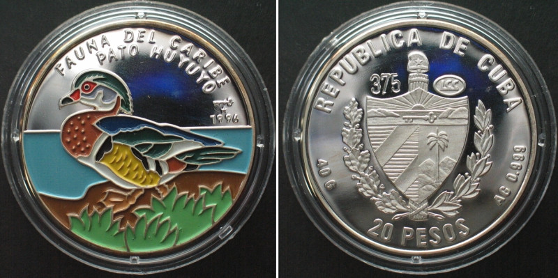 CUBA. 20 Pesos 1996, Wood Duck, FAUNA OF THE CARIBBEAN silver, MULTICOLORED Proo...