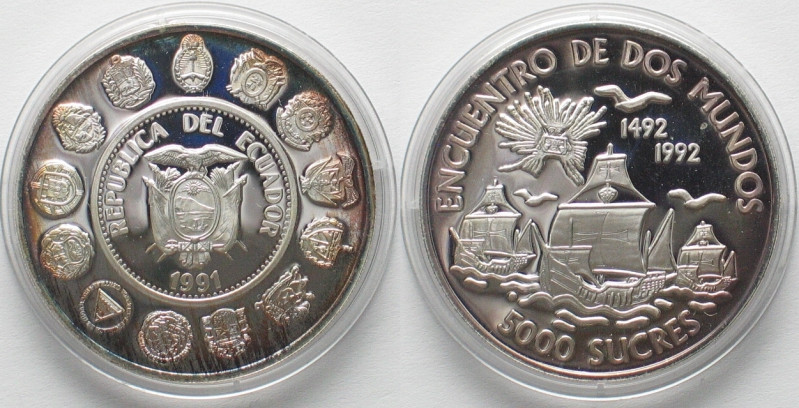 ECUADOR 5000 Sucres 1991, Discovery, IBERO-AMERICA, silver Proof! , KM# 95. Weig...