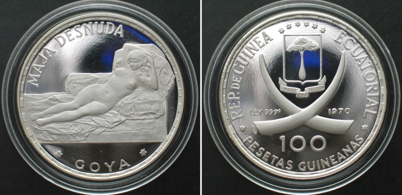 EQUATORIAL GUINEA. 100 Pesetas 1970 Naked Maja GOYA silver Proof RARE! KM# 13. V...
