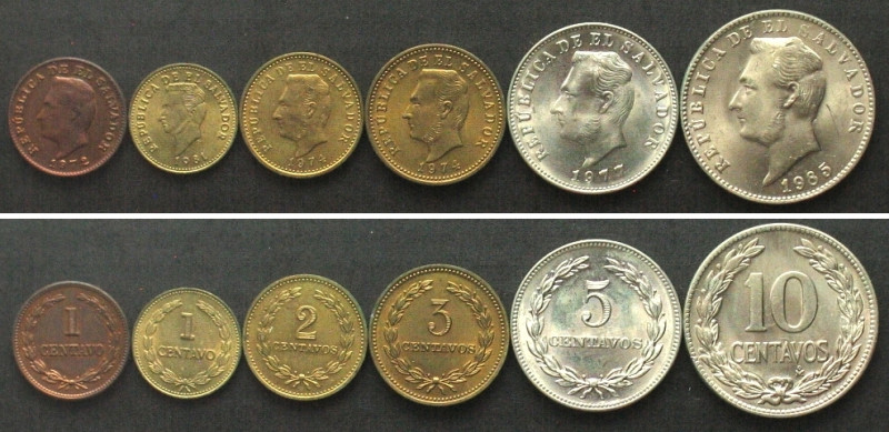 EL SALVADOR Circulation Coin Set 1972-1985, 6 coins, UNC.