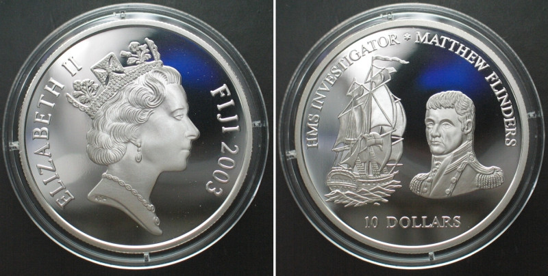 FIJI 10 Dollars 2003 HMS Investigator MATTHEW FLINDERS silver Proof. KM# 107