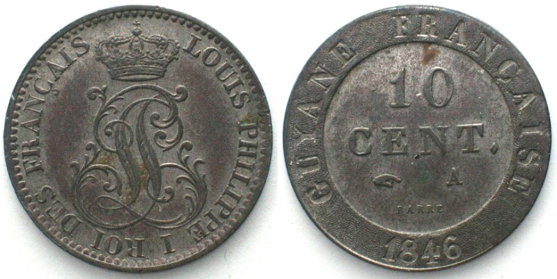 FRENCH GUIANA. 10 Centimes 1846 A, Louis-Philippe I, billon, XF! / GUYANE FRANCA...