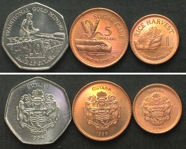GUYANA 1, 5, 10 Dollars 1996, UNC.