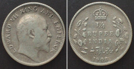 INDIA-BRITISH. 1/4 Rupee 1908 EDWARD VII silver VF+