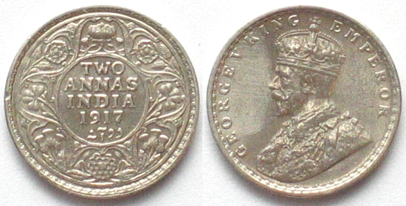 INDIA BRITISH 2 Annas 1917 GEORGE V Calcutta mint silver UNC! KM# 515.