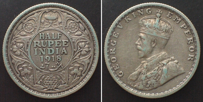 BRITISH INDIA 1/2 Rupee 1918 Bombay mint GEORGE V silver VF+, KM# 522.