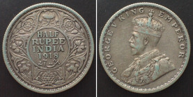 BRITISH INDIA 1/2 Rupee 1918 Bombay mint GEORGE V silver VF+