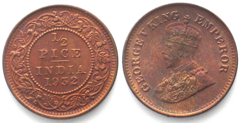 INDIA 1/2 Pice 1932 GEORGE V bronze UNC-! KM# 510.