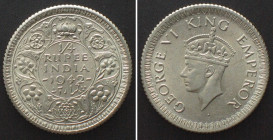 INDIA-BRITISH. 1/4 Rupee 1942 GEORGE VI silver UNC!!! KM# 552.