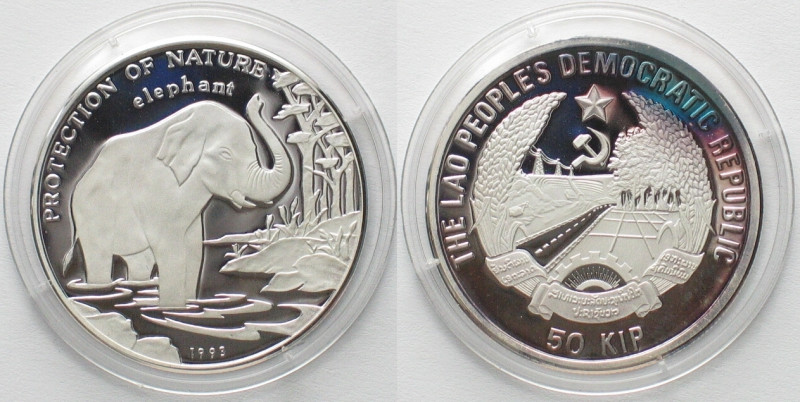 LAO 50 Kip 1993 ELEPHANT silver Proof PP, KM 48. Regenbogenpatina / Rainbow pati...