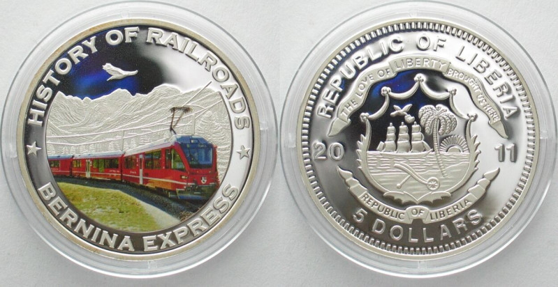 LIBERIA 5 Dollars 2011 Swiss BERNINA EXPRESS silver COLORED Proof. Weight: 20g (...