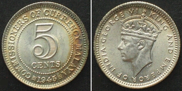 MALAYA 5 Cents 1945 GEORGE VI silver BU!!! KM# 3a.