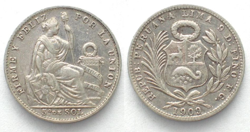 PERU 1/5 Sol 1909 FG silver SCARCE DATE! KM# 205.2