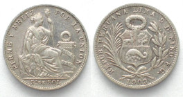 PERU 1/5 Sol 1909 FG silver SCARCE DATE!