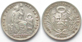 PERU 1/5 Sol 1916 FG silver Prooflike early strike!