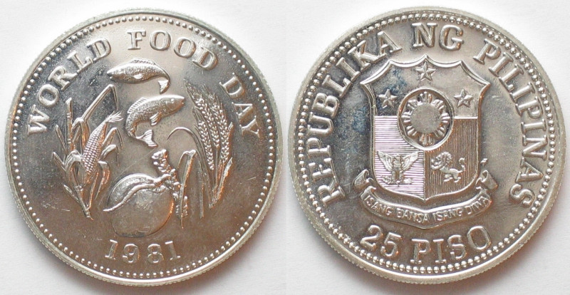 PHILIPPINES 25 Piso 1981 FM (U) WORLD FOOD DAY silver Prooflike, KM 232. Frankli...