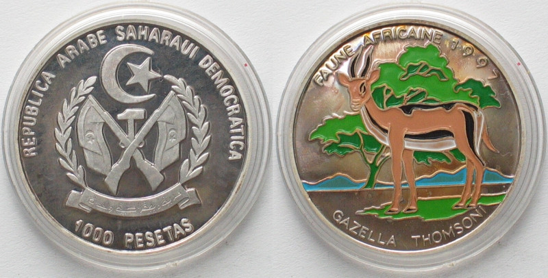 SAHARAWI ARAB. D.R. 1000 Pesetas 1997, THOMSON GAZELLE, silver, Proof, mintage: ...