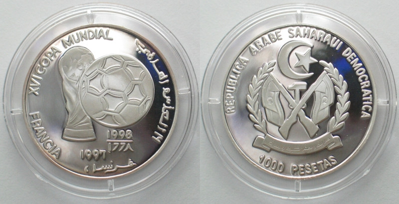 SAHARAWI. 1000 Pesetas 1997, WORLD CUP SOCCER, silver, Proof. KM# 46.