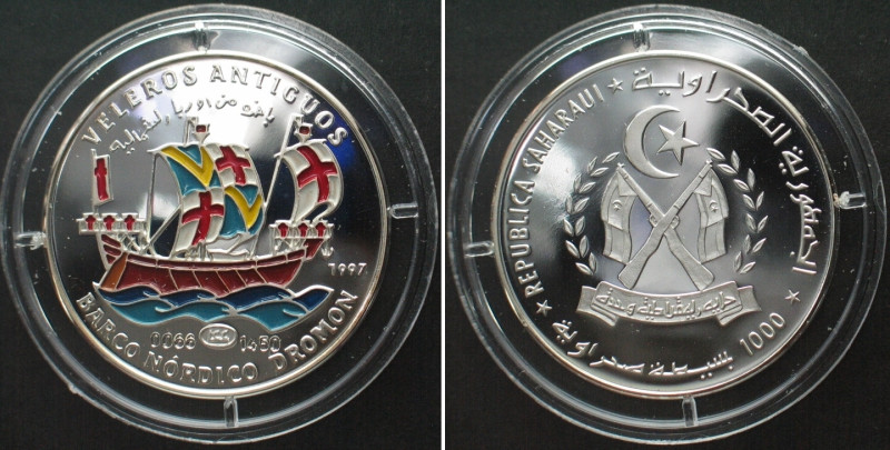 SAHARAWI ARAB D.R. 1000 Pesetas 1997, Nordic Dromon, HISTORIC SHIPS silver Proof...