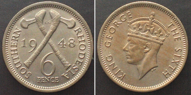 SOUTHERN RHODESIA 6 Pence 1948 GEORGE VI Cu-Ni UNC!!! KM# 21.
