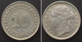 STRAITS SETTLEMENTS 10 Cents 1891 VICTORIA silver AU!