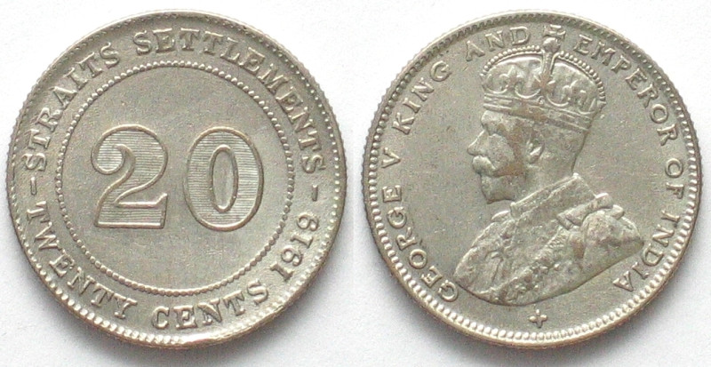 STRAITS SETTLEMENTS. 20 Cents 1919, George V, silver, AU! KM# 30a.