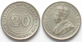 STRAITS SETTLEMENTS. 20 Cents 1919, George V, silver, AU!