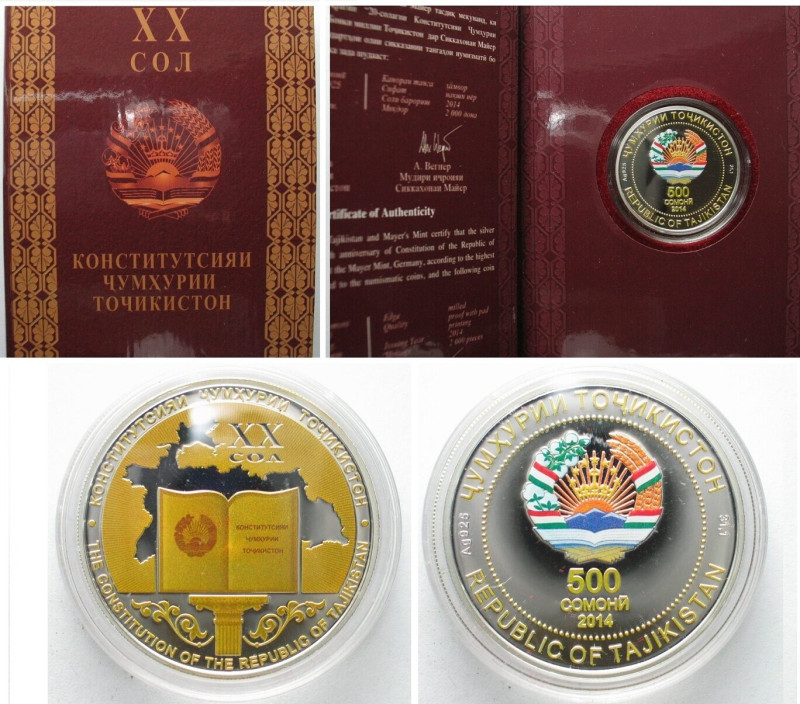 TAJIKISTAN. 500 Somoni 2014, 20th Anniversary of Constitution, silver, colored, ...