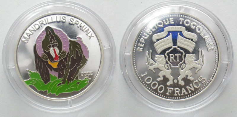 TOGO 1000 Francs 2005 Mandrillus sphinx WWF silver COLORED Proof RARE! Weight: 1...